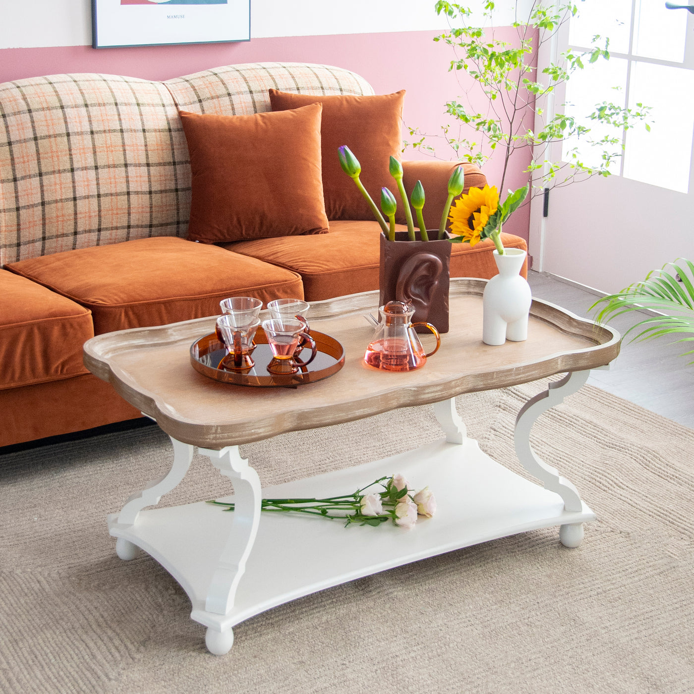 COZAYH Rustic Farmhouse Cottagecore Coffee Table, Natural Tray Top Sofa