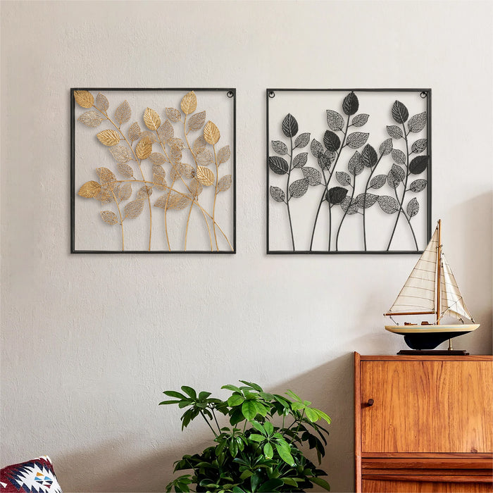 COZAYH HOME Gold  and Black Metal Leaves Wall Decor Set of 2